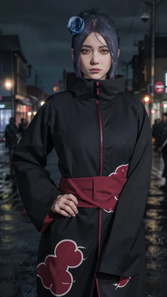 1girl,solo,konan \(naruto\),(upper body:1.2),akatsuki outfit,narrow waist,looking at viewer,masterpiece,best quality,absurdres,highly detailed,photo realistic,best shadow,dramatic lighting,depth of field,outdoors,rain,city,night, standing, hands on hip