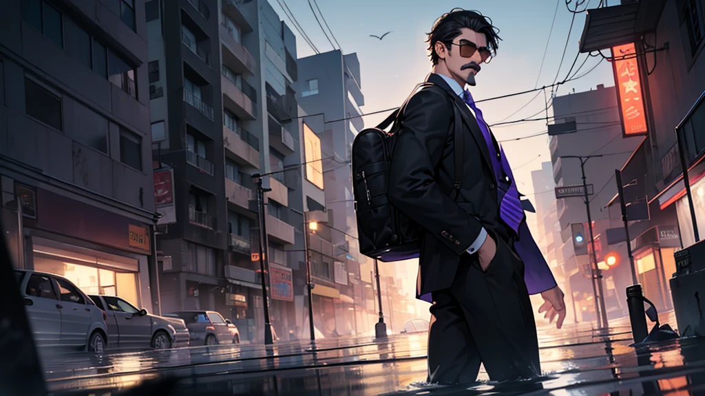 ((melhor qualidade)), ((Obra de arte)), ((detalhado)), this face in a ONE YOUNG MAN with his back turned to the camera, looking over his shoulder. He's caucasian, pale skin, has a thin nose, short black hair, and a moustache without a beard. He's wearing an aviator black sunglasses Rayban, dressed in a black suit, purple tie, social black shoes with golden details. He's holding a brown canvas backpack. On the background is night, in a POSt apolcalyse cenario, of a destroyed city by flood, water and lame on the streets