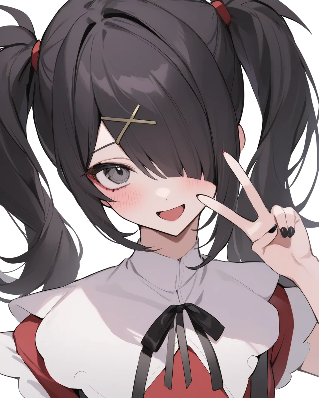 masterpiece,best quality,ame-chan \(needy girl overdose\),1girl,solo,black hair,twintails,v,hair over one eye,black ribbon,white background,open mouth,simple background,upper body,x hair ornament,black nails,neck ribbon,looking at viewer,blush,nail polish,suspenders,grey eyes,bangs,:d,hairclip,red sh,
