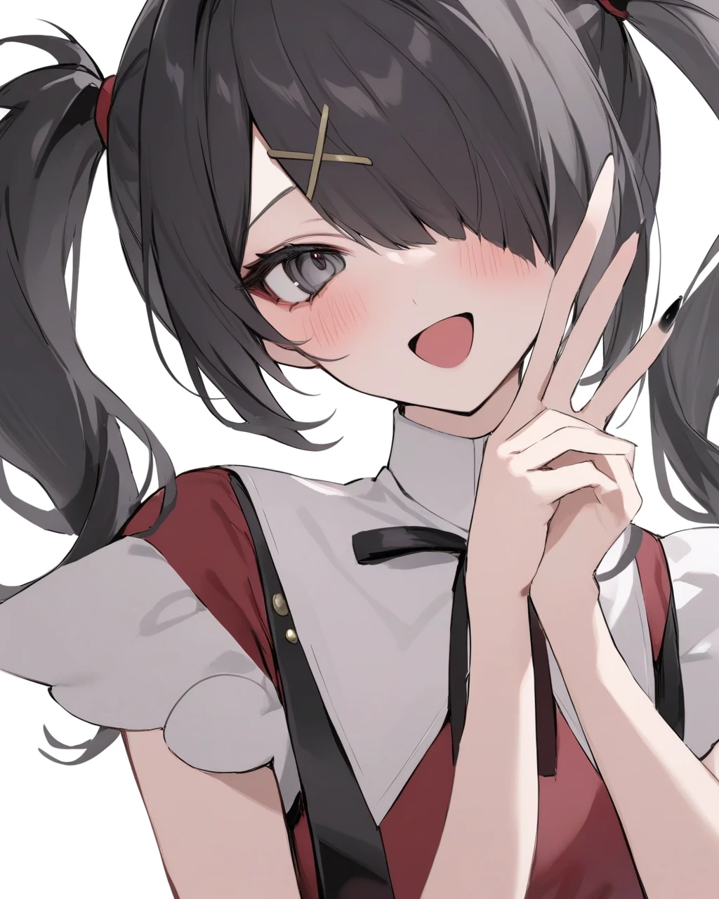 masterpiece,best quality,ame-chan \(needy girl overdose\),1girl,solo,black hair,twintails,v,hair over one eye,black ribbon,white background,open mouth,simple background,upper body,x hair ornament,black nails,neck ribbon,looking at viewer,blush,nail polish,suspenders,grey eyes,bangs,:d,hairclip,red sh,