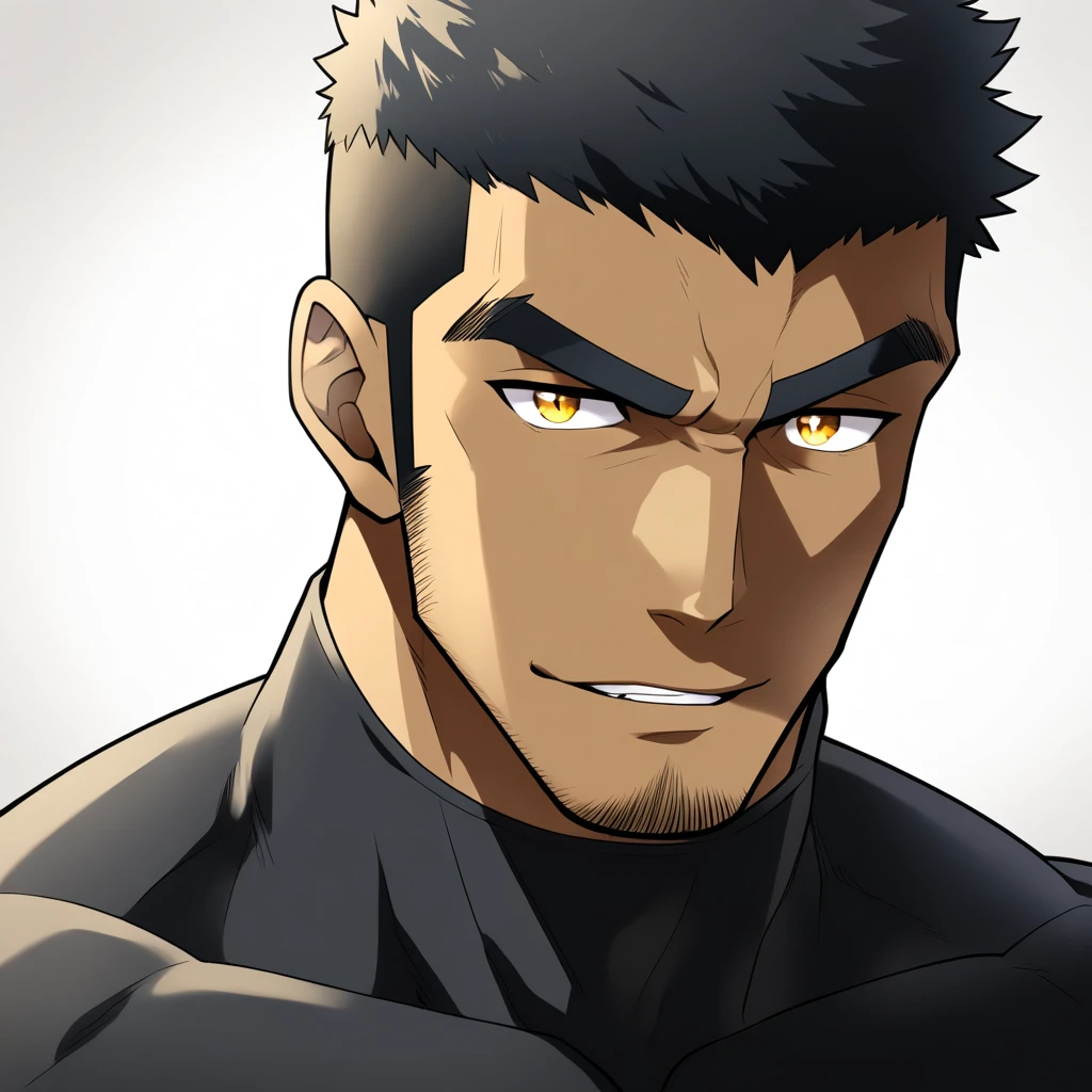one negro, anime characters：Gyee, Hibino Kafka, Muscle Sports Student, negro black skin, Very Black, muscular tough guy, Manliness, male focus, Grey long sleeve turtleneck tight t-shirt, Regular symmetrical pattern, Very tight, muscular male, muscular, only, Upper body, alone, Black short hair, Thick eyebrows, stubble, Yellow eyes, White background, simple background, amazing quality, best aesthetics, Ridiculous, bright pupils, crew cut, parted lips, seductive smile, torogao, naughty face, best quality