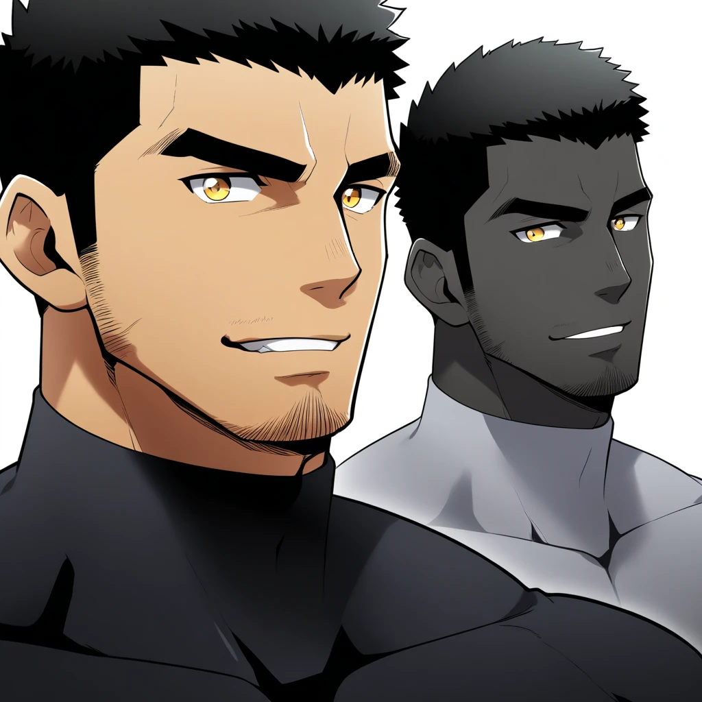 one negro, anime characters:Gyee, Hibino Kafka, Muscle Sports Student, ????? black skin, Very Black, muscular tough guy, Manliness, male focus, Grey long sleeve turtleneck tight t-shirt, Regular symmetrical pattern, Very tight, muscular male, muscular, only, Upper body, alone, Black short hair, Thick eyebrows, stubble, Yellow eyes, White background, simple background, amazing quality, best aesthetics, Ridiculous, bright pupils, crew cut, parted lips, seductive smile, torogao, naughty face, best quality