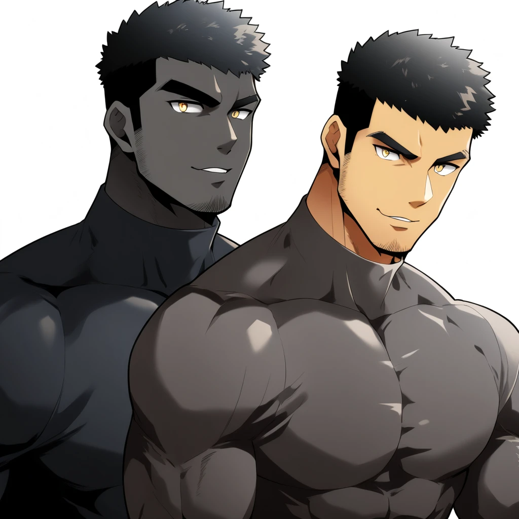 one negro, anime characters:Gyee, Hibino Kafka, Muscle Sports Student, negro black skin, Very Black, muscular tough guy, Manliness, male focus, Grey long sleeve turtleneck tight t-shirt, Regular symmetrical pattern, Very tight, muscular male, muscular, only, Upper body, alone, Black short hair, Thick eyebrows, stubble, Yellow eyes, White background, simple background, amazing quality, best aesthetics, Ridiculous, bright pupils, crew cut, parted lips, seductive smile, torogao, naughty face, best quality
