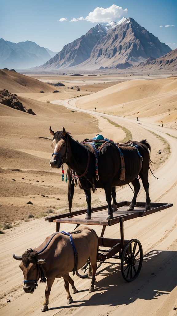 A wooden Sumerian ox cart with two solid wooden wheels, ligadas por um eixo central. Two oxen are harnessed, puxando o carro em um caminho de terra no deserto. The background shows sparse vegetation and mountains, Under a clear, sunny sky.