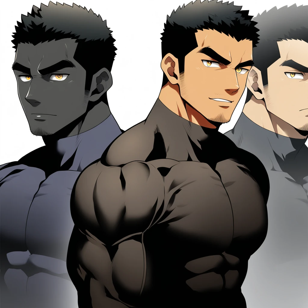 one negro, anime characters：Gyee, Hibino Kafka, Muscle Sports Student, negro black skin, Very Black, muscular tough guy, Manliness, male focus, Grey long sleeve turtleneck tight t-shirt, Regular symmetrical pattern, Very tight, muscular male, muscular, only, Upper body, alone, Black short hair, Thick eyebrows, stubble, Yellow eyes, White background, simple background, amazing quality, best aesthetics, Ridiculous, bright pupils, crew cut, parted lips, seductive smile, torogao, naughty face, best quality