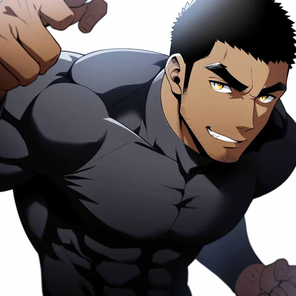 one negro, anime characters:Gyee, Hibino Kafka, Muscle Sports Student, negro black skin, Very Black, muscular tough guy, Manliness, male focus, Grey long sleeve turtleneck tight t-shirt, Regular symmetrical pattern, Very tight, muscular male, muscular, only, Upper body, alone, Black short hair, Thick eyebrows, stubble, Yellow eyes, White background, simple background, amazing quality, best aesthetics, Ridiculous, bright pupils, crew cut, parted lips, seductive smile, torogao, naughty face, best quality