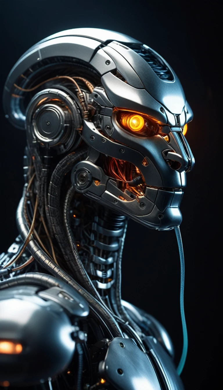 Translucent movie stills (Cybernetic robot snake:1.5), (Glowing Veins:1.3) (The cable enters the body, circuit:1.3), Very detailed, Vignette, Very detailed, High budget, Bokeh, Sulky, amazing, nice, Film Grain, granular