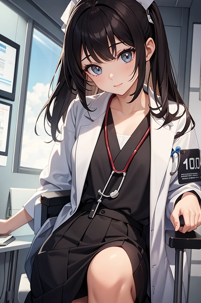 ((((High resolution, Intricate details, masterpiece, 8k, from front)))), (((beautiful, doctor, doctor))), ((One Woman, Expressionless, Talking, Sitting, slender)), (Black Hair, Beautiful forehead, Long Hair, ponytail, Glowing Skin), from front, looking at viewer, look at viewer, hospital, Examination room, Bright room,