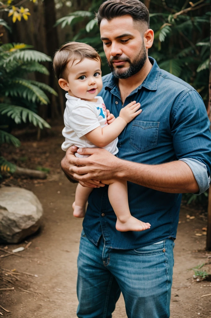 A father holding his 2 year old  in his hand 