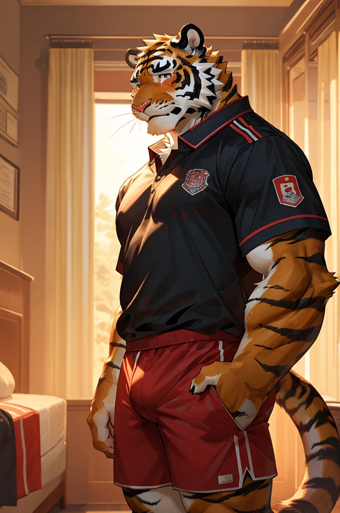 Tiger,High School Students,good-looking,Strong,strong,Tiger背熊腰,Regular height,Sportswear(Short black sleeves,Red shorts),Blushing cheeks,bedroom,The crotch is pronouncedly raised,Crotch bulge,Sexy,alone,Green,Close Range,Half face,shy.
