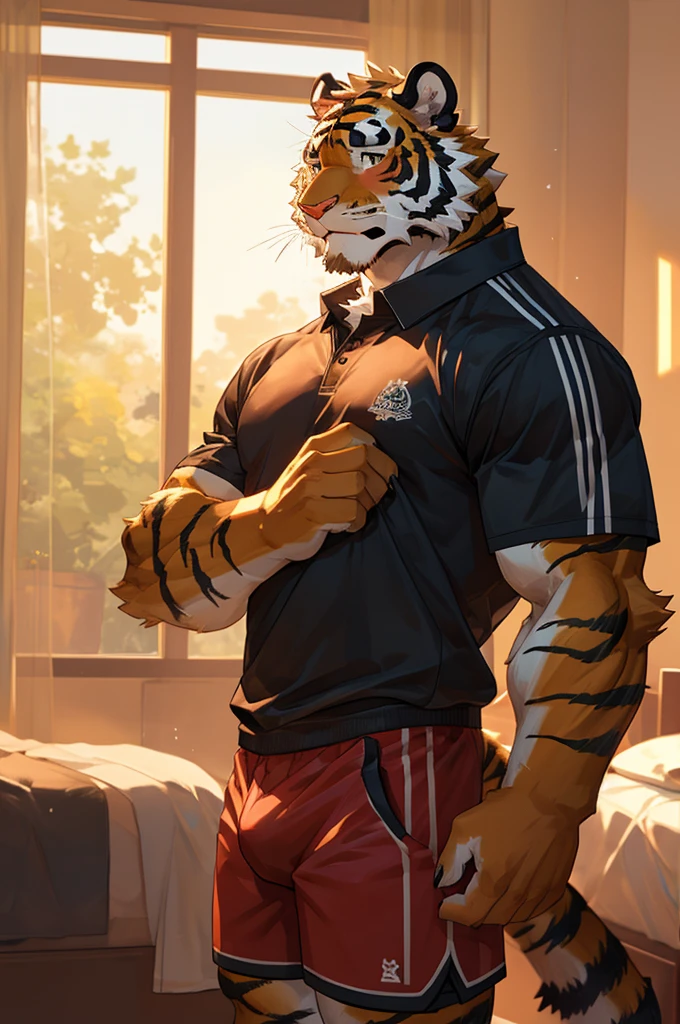 Tiger,High School Students,good-looking,Strong,strong,Tiger背熊腰,Regular height,Sportswear(Short black sleeves,Red shorts),Blushing cheeks,bedroom,The crotch is pronouncedly raised,Crotch bulge,Sexy,alone,Green,Close Range,Half face,shy.
