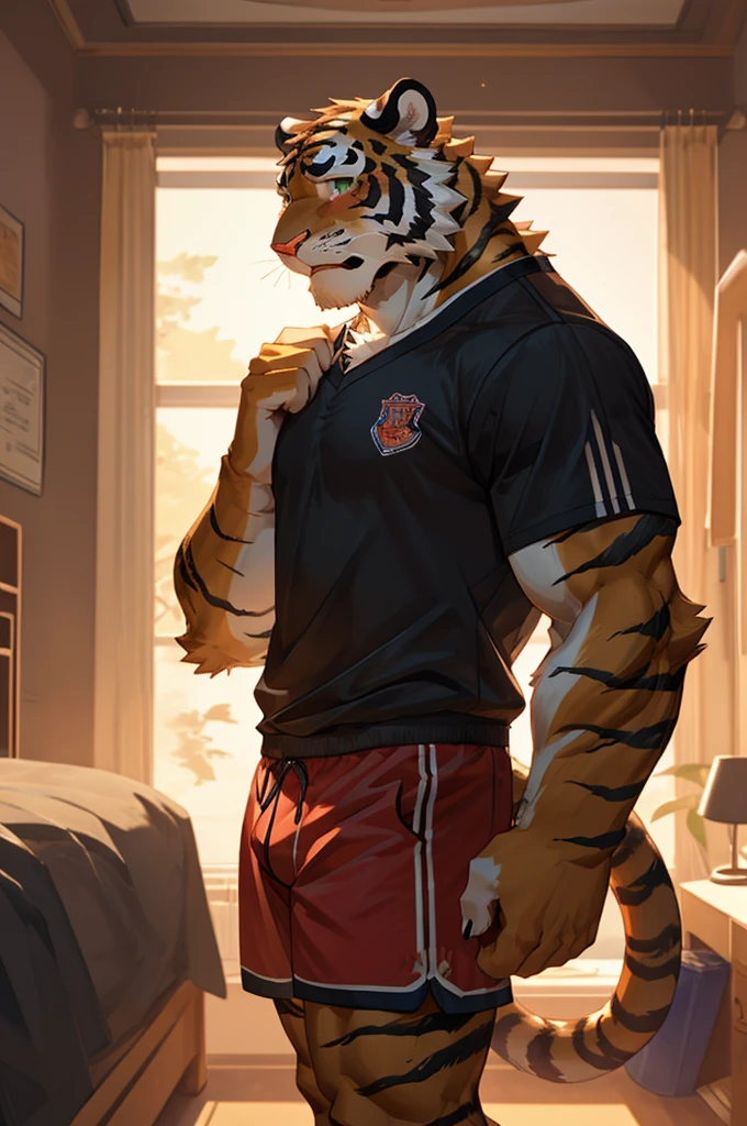 Tiger,High School Students,good-looking,Strong,strong,Tiger背熊腰,Regular height,Sportswear(Short black sleeves,Red shorts),Blushing cheeks,bedroom,The crotch is pronouncedly raised,Crotch bulge,Sexy,alone,Green,Close Range,Half face,shy.
