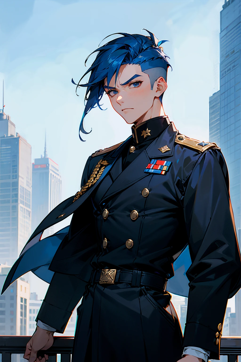 1male , Blue Hair , Undercut Hair , Unique Hair , Serious Expression , Military Officer Clothing , Black Fleece jacket with white cuffs , Standing in Modern City Background