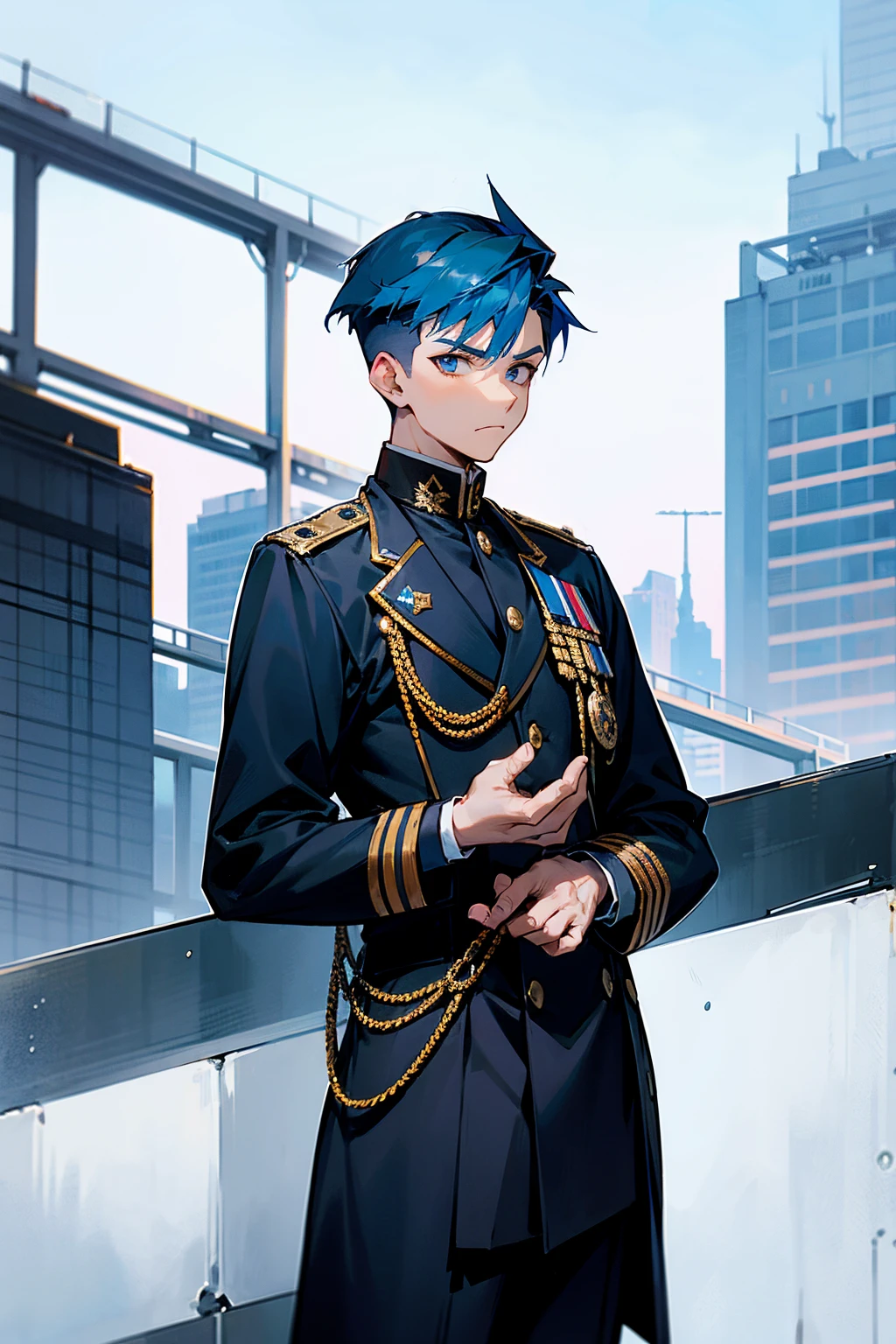 1male , Blue Hair , Undercut Hair , Unique Hair , Serious Expression , Military Officer Clothing , Black Fleece jacket with white cuffs , Standing in Modern City Background 