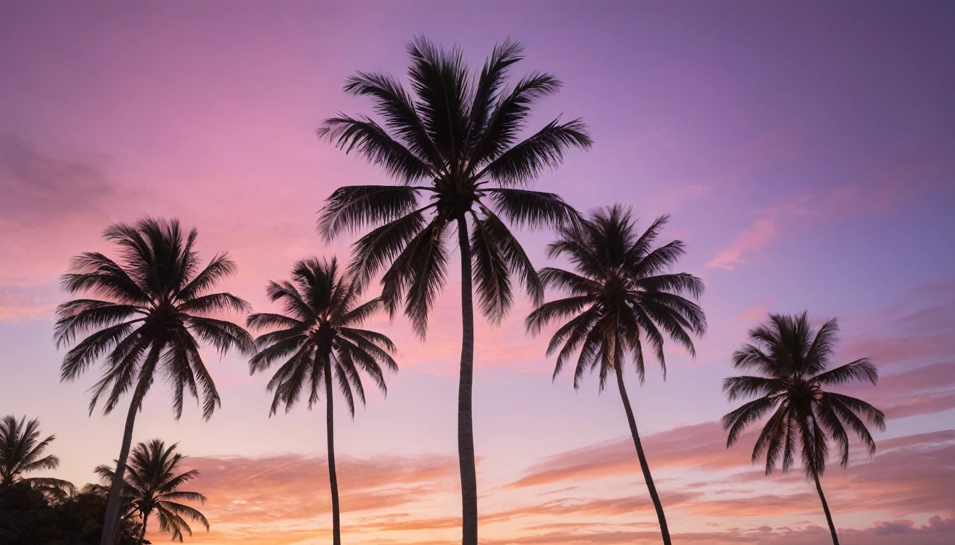serene coastal scene at sunset from a low-angle perspective, looking up at tall, slender palm trees swaying gently in the breeze. The sky is painted in soft hues of pink, purple, and orange, reflecting the calmness of the approaching evening. A few wispy clouds add texture to the sky, while the ocean in the background captures the last glimmers of sunlight. The overall mood should evoke a sense of tranquility and the beauty of a tropical sunset.