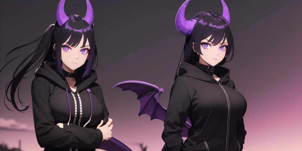 Beautiful woman, badass, sexy, holding katana, collar with bell around her neck, black jeans on her, black hoodie jacket on her, black and purple striped shirt under her hoodie, purple and black hair, dragon tail, dragon wings, black horns on head, large boobs, shy expression, standing up, moon in background, outside, purple eyes, HD, 1080p, perfect quality, hyper realistic, detailed