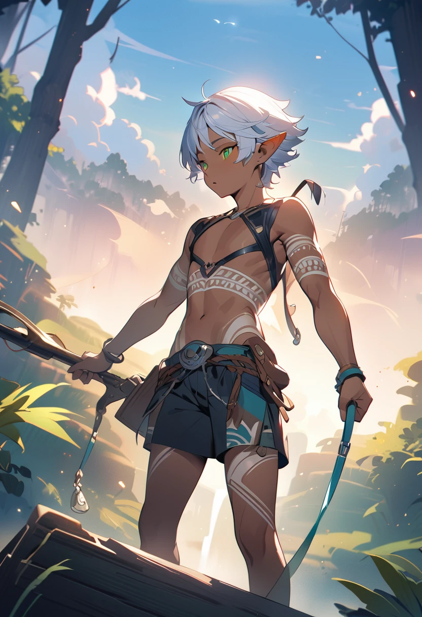 1boy, trap, wood elf, short white hair, green eyes, full lips, dark skin, white tribal tattoos, flat chest, thong, holding a bow, fantasy background, textured skin, UHD, UHD, UHD, UHD, award winning, high details, incredible high-key lighting and shadows, masterpiece, incredible illustration (anime style:1.5), modernism art, digital art pastel style, forest background