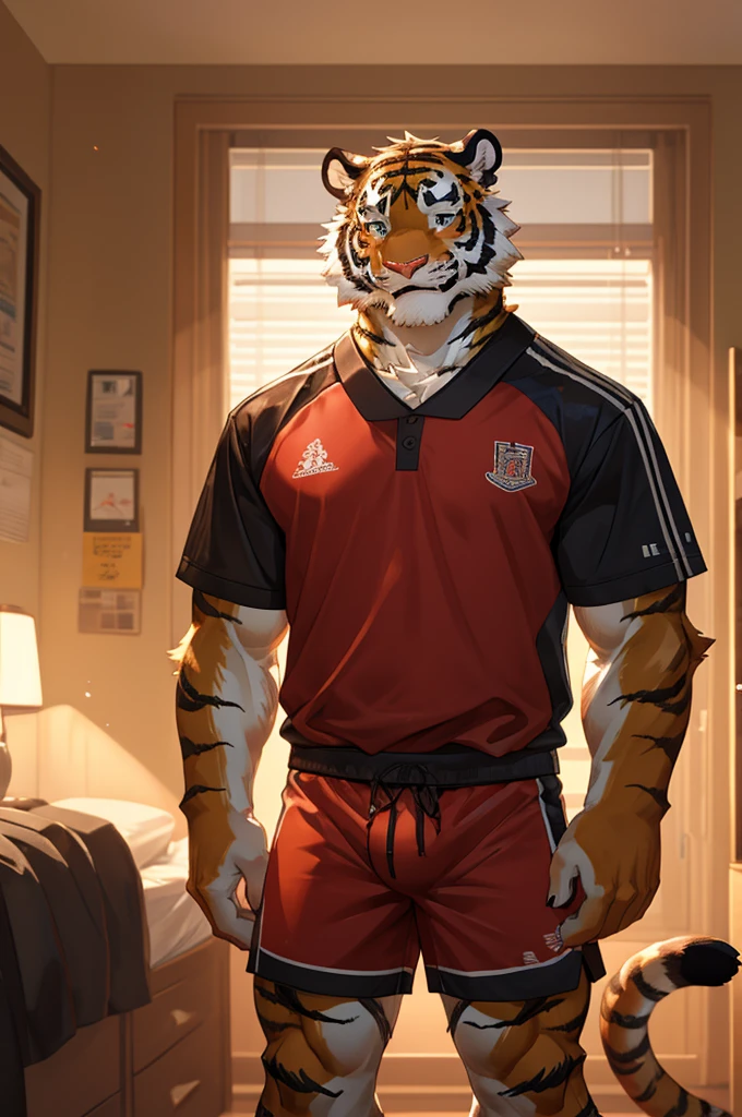 Tiger,High School Students,good-looking,Strong,strong,Tiger背熊腰,Regular height,Sportswear(Short black sleeves,Red shorts),Blushing cheeks,bedroom,The crotch is pronouncedly raised,Crotch bulge,Sexy,alone,Green,Close Range,Half face,shy,happy.