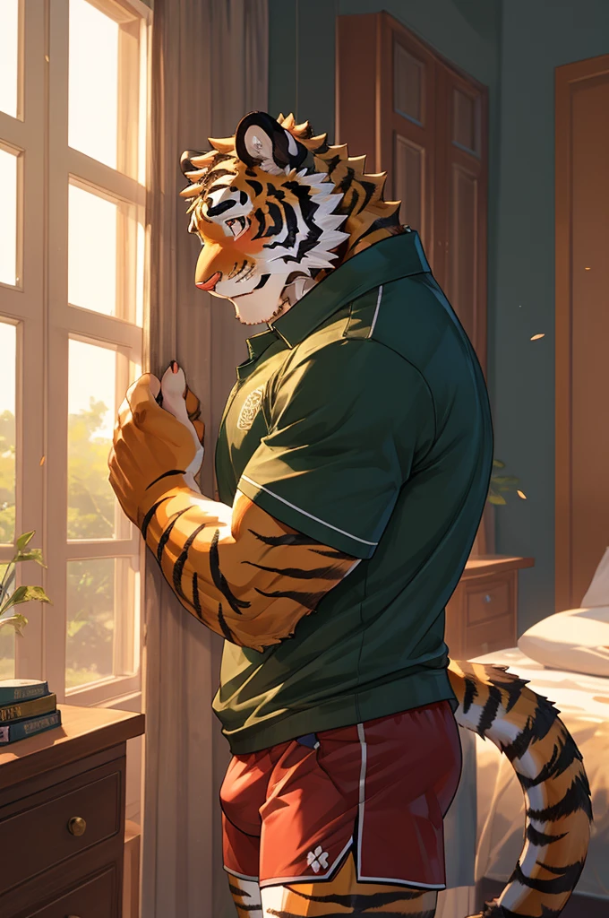Tiger,High School Students,good-looking,Strong,strong,Tiger背熊腰,Regular height,Sportswear(Short black sleeves,Red shorts),Blushing cheeks,bedroom,The crotch is pronouncedly raised,Crotch bulge,Sexy,alone,Green,Close Range,Half face,shy,happy.
