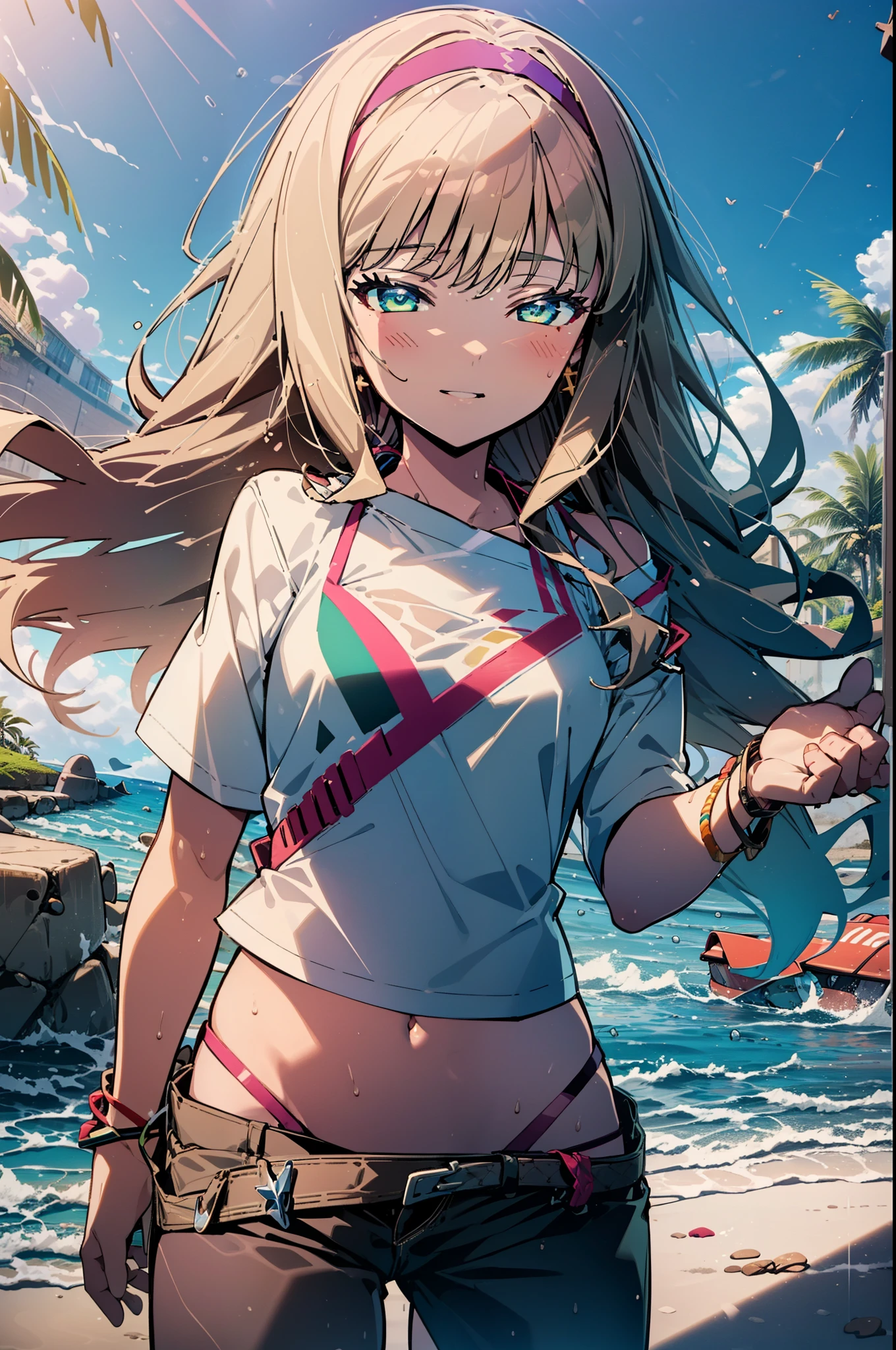 Tropical Dream Bud,Tropical Dream Bud sss Dynazenon ,Brown Hair,Long Hair,Green Eyes,smile,blush,Hibiscus hair accessory,Blue bikini swimsuit,barefoot,Oversized T-shirt,break outdoors, Beach,Sandy Beach,
break looking at viewer,whole body, (Cowboy Shot:1.5),
break (masterpiece:1.2), Highest quality, High resolution, unity 8k wallpaper, (figure:0.8), (Beautiful fine details:1.6), Highly detailed face, Perfect lighting, Highly detailed CG, (Perfect hands, Perfect Anatomy),