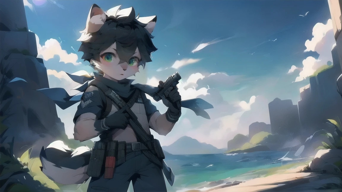 White wolf, male, young, handsome, anime male protagonist, black hair, black ears, furry, sky blue eyes, blue-black military uniform, armband, scarf, wind, black gloves, white furry arms, carrying a gun on his back with the butt exposed, the gun belt pressed on his clothes, wearing tactical goggles, wolf tail, wolf ears, special forces, commando, confident