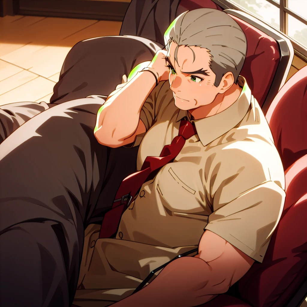 1boy, best quality, solo, old man, fat, hand on own cheek, sitting, elbows on table, red necktie, suspenders, open clothes, pectoral cleavage, wristwatch, shirtsless, cafe, scenery, wide shot, melancholic, sunset, large pectorals, white briefs, muscular male, bara, grey hair, hair slicked back, green eyes, highly detailed, masterpiece 