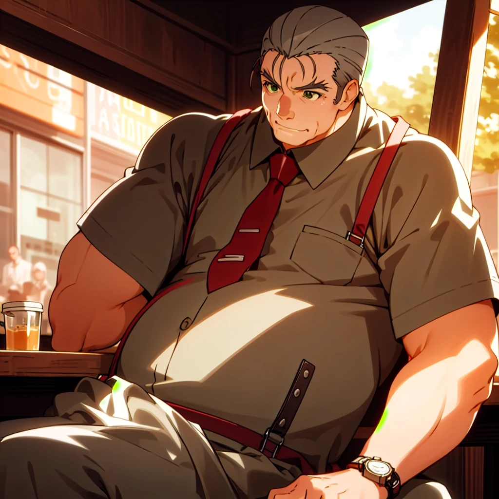 1boy, best quality, solo, old man, fat, hand on own cheek, sitting, elbows on table, red necktie, suspenders, open clothes, pectoral cleavage, wristwatch, shirtsless, cafe, scenery, wide shot, melancholic, sunset, large pectorals, white briefs, muscular male, bara, grey hair, hair slicked back, green eyes, highly detailed, masterpiece 