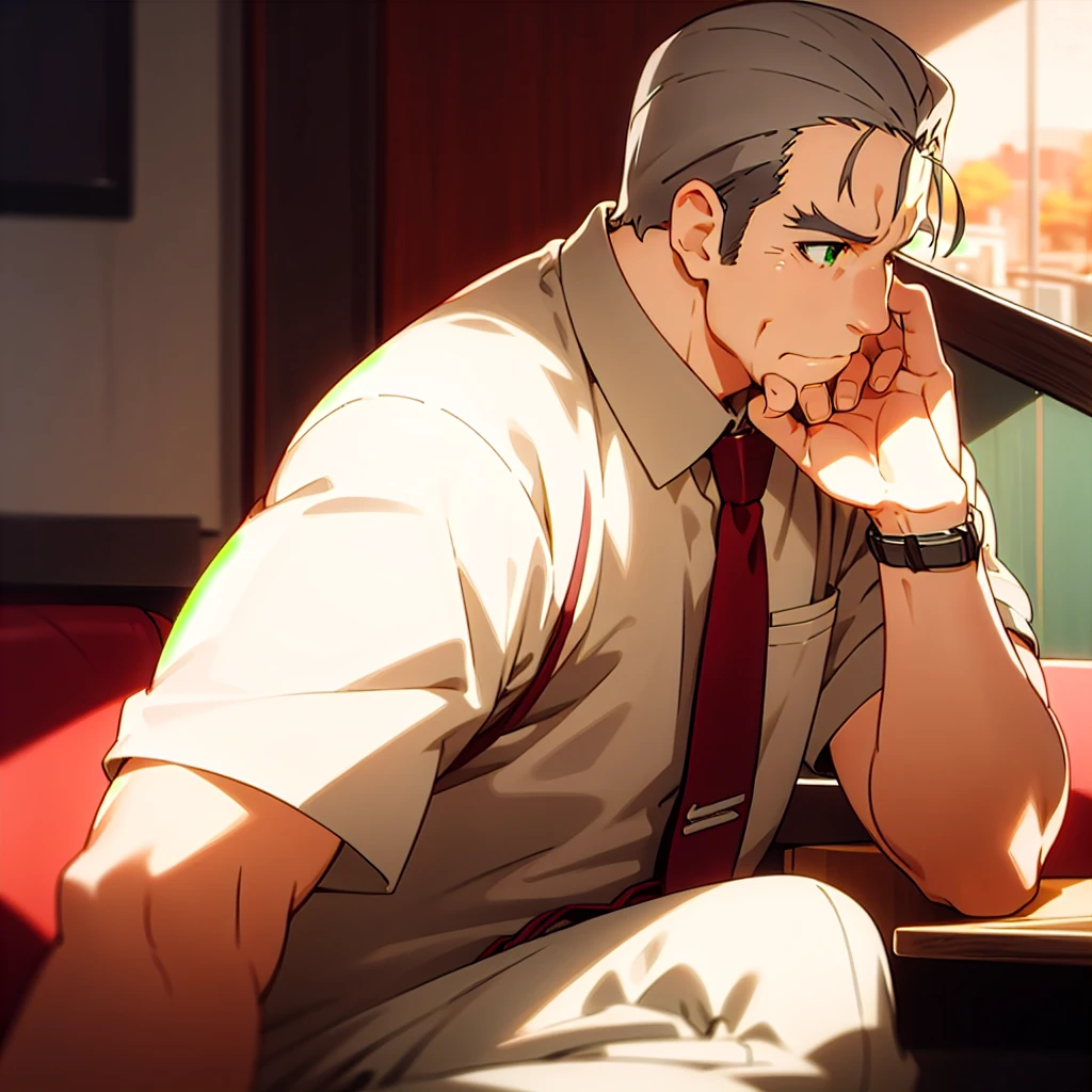 1boy, best quality, solo, old man, fat, hand on own cheek, sitting, elbows on table, red necktie, suspenders, open clothes, pectoral cleavage, wristwatch, shirtsless, cafe, scenery, wide shot, melancholic, sunset, large pectorals, white briefs, muscular male, bara, grey hair, hair slicked back, green eyes, highly detailed, masterpiece 