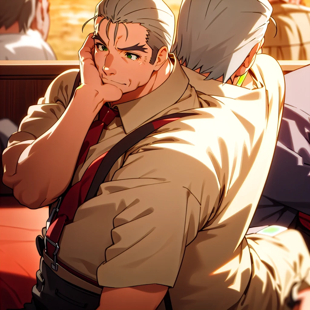 1boy, best quality, solo, old man, fat, hand on own cheek, sitting, elbows on table, red necktie, suspenders, open clothes, pectoral cleavage, wristwatch, shirtsless, cafe, scenery, wide shot, melancholic, sunset, large pectorals, white briefs, muscular male, bara, grey hair, hair slicked back, green eyes, highly detailed, masterpiece 