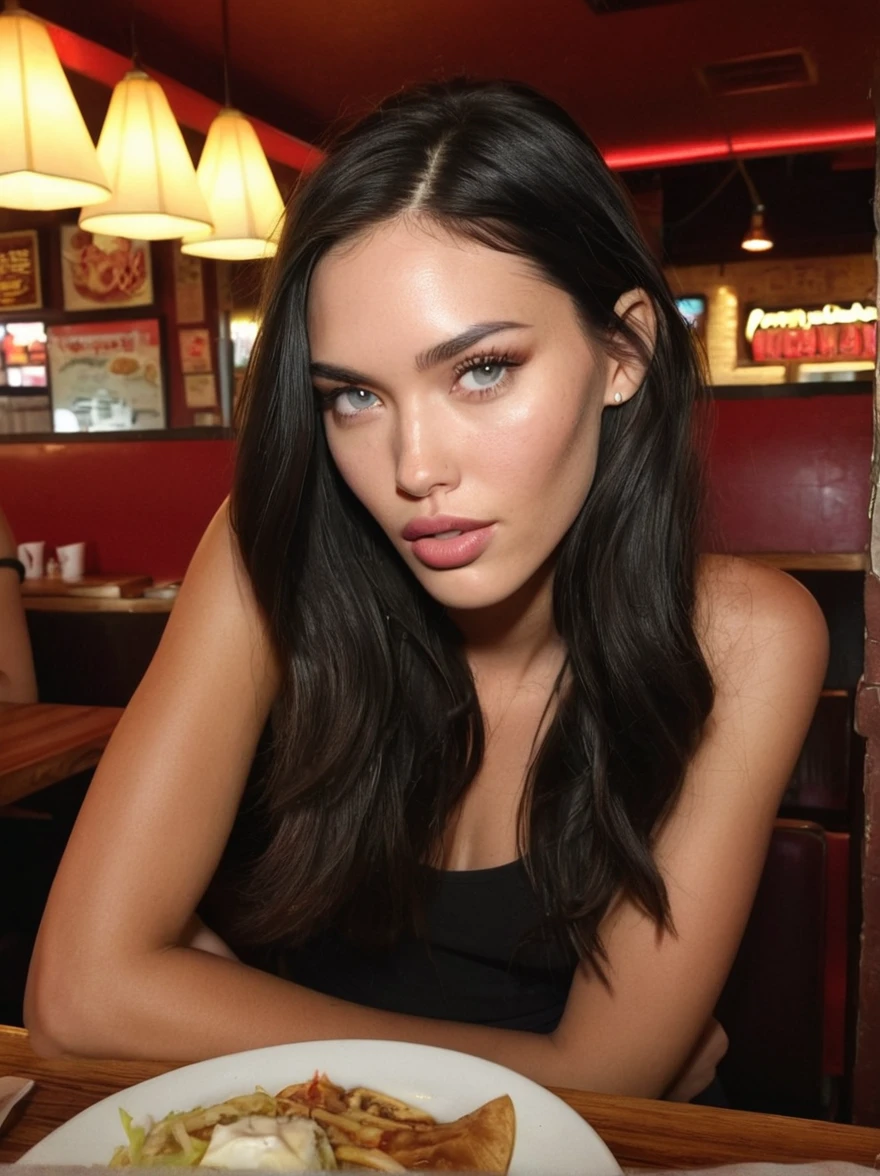 a realistic instagram photo of a [ really beautiful exotic androgynous supermodel 19 year old woman] , with [long, dark hair] , looks like [Megan FOX] and [Adriana Lima], light makeup, looking [innocent, cute, flushed] , restaurant [light] skin --ar 9:16 --stylize 750 --v 6