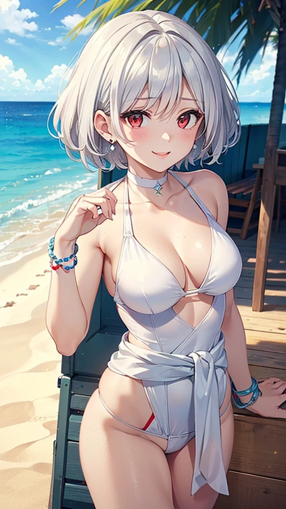 High quality Best quality 8k 1 girl (((White swimsuit)) ((Blanche)) Short hair ((Shortcut)) (silver hair) (Perm) (Fluffy)) ((shining red eyes)) (Red cheeks)) See here Very large breasts Smile Choker, earrings, (bracelets on) (((Picture from the waist up))) (((cute and sex pose))) (daytime) (summer beach)