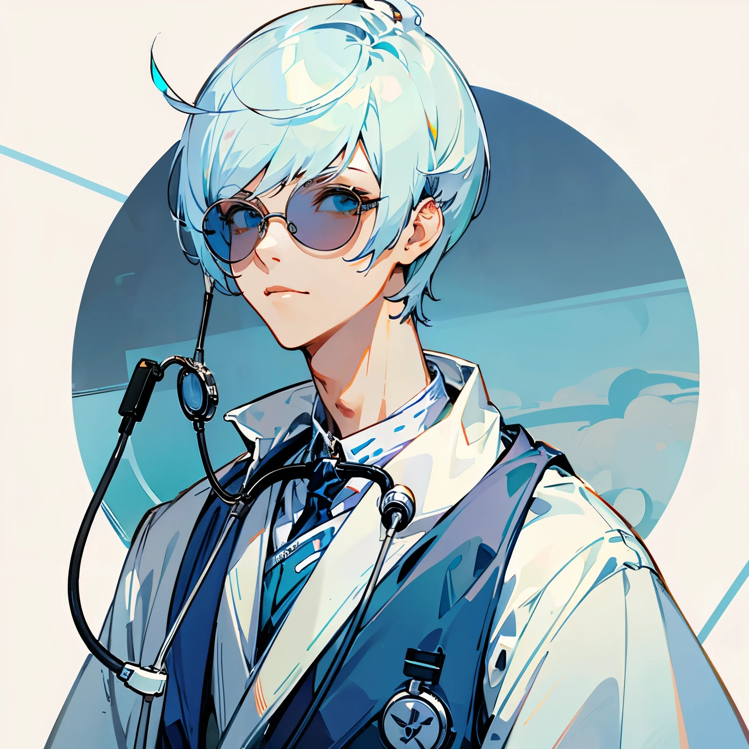 male White Bangs short hair Light blue hair doctor Thin lens sunglasses whole body Fantasy Stethoscope Character portrait boots