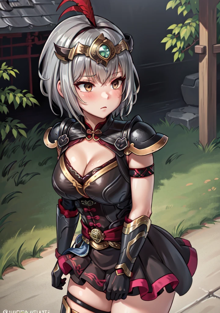 Highest quality, (masterpiece:1.2), figure, Absurd,
(One girl, alone), (Beautiful detailed girl),
Lu Lingqi, Grey Hair, Brown eyes,  short hair, 
Headpiece, feather,
Dress in Armor, Pauldrons, Black Skirt, Thigh-high boots, Armored Boots, gloves, 
Grassy mountain々, wood, Japanese architecture, river, plant,, Place your hands between your legs, (Upper Body, Portraiture),,
View your viewers, have confidence,  I am proud,Bikini Armor, Exposed abdomen