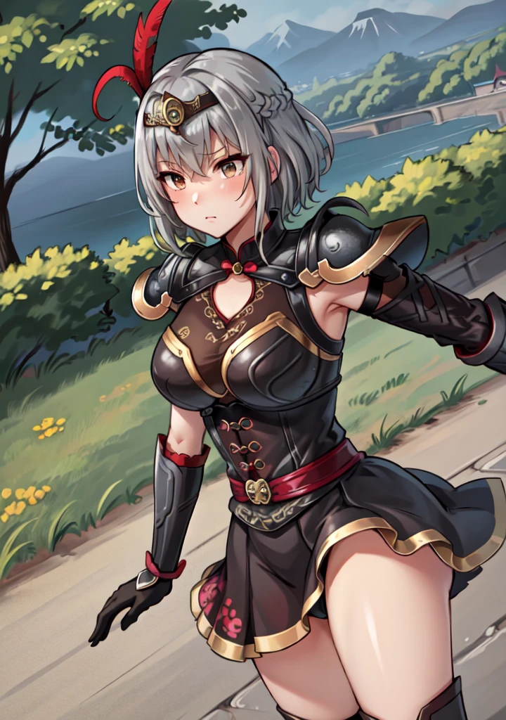 Highest quality, (masterpiece:1.2), figure, Absurd,
(One girl, alone), (Beautiful detailed girl),
Lu Lingqi, Grey Hair, Brown eyes,  short hair, 
Headpiece, feather,
Dress in Armor, Pauldrons, Black Skirt, Thigh-high boots, Armored Boots, gloves, 
Grassy mountain々, wood, Japanese architecture, river, plant,, Place your hands between your legs, (Upper Body, Portraiture),,
View your viewers, have confidence,  I am proud,Bikini Armor, Exposed abdomen