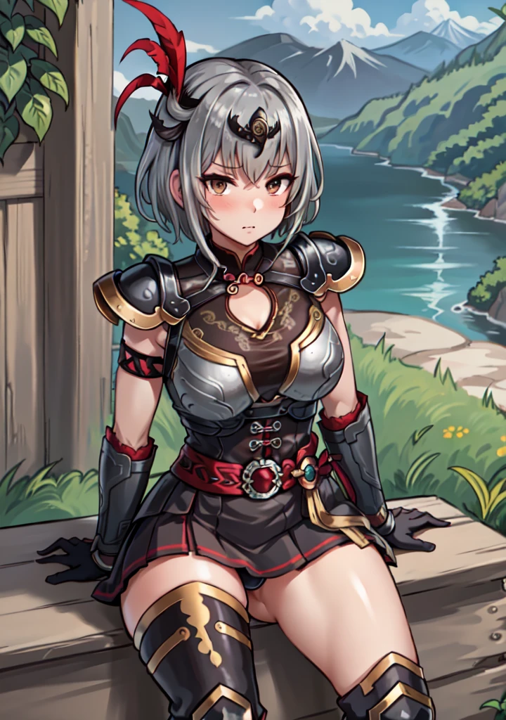 Highest quality, (masterpiece:1.2), figure, Absurd,
(One girl, alone), (Beautiful detailed girl),
Lu Lingqi, Grey Hair, Brown eyes,  short hair, 
Headpiece, feather,
Dress in Armor, Pauldrons, Black Skirt, Thigh-high boots, Armored Boots, gloves, 
Grassy mountain々, wood, Japanese architecture, river, plant,, Place your hands between your legs, (Upper Body, Portraiture),,
View your viewers, have confidence,  I am proud,Bikini Armor, Exposed abdomen