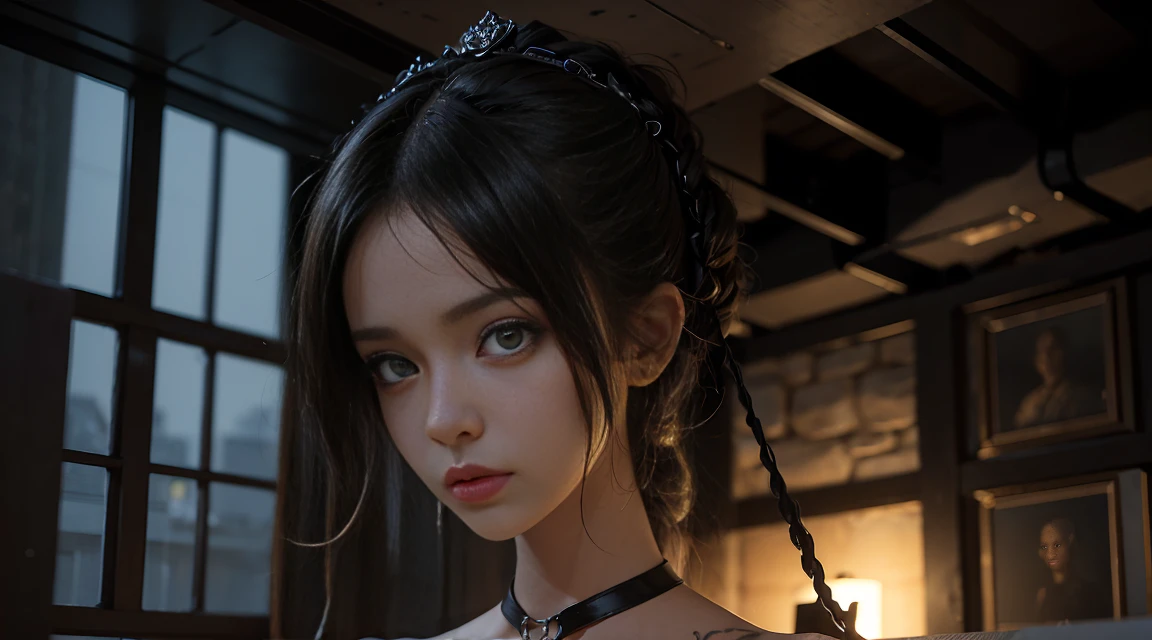 (High resolution,Practical) Long hair girl,skirt, Beautiful demon woman from hell, (in the darkness: 1.6), Very rich facial details，Red-black lips, Shoulder devil tattoo，rugged, Moderate: Detailed facial features, Determine the expression, Dark background，The environment is mysterious and elegant, Model, High contrast required, Jewelry, earrings, miniskirt, shirt, Jacket, brown hair, 白shirt, A bracelet, Hair Bun, single Hair Bun, long skirt, Shut up, Hoop Earrings, blue Jacket, skirt, Beautiful demon woman from hell, (in the darkness: 1.6), 大卫霍克尼和阿尔方斯穆夏的Surrealism女性portrait, Fantasy Art, Korean Doll, Photorealism, Dynamic Lighting, Art Station, poster, Volumetric Lighting, Very rich facial details, 8K, in the darkness, Deep Shadows, low pitch, long hair, Black Hair, Luxurious Palace, Royal style, Demon Crown, The red eye makeup is very vivid and detailed, the most beautiful face, Normal breast, Surrealism, Charming smile, The eye makeup is beautiful, Gurwitz, Devil style, Red-black lips, Shoulder devil tattoo, Gloomy weather，Thunder, (portrait), Close-up of the protagonist, (Scene details 1.8), Revealing clothes, cosmetic, 白skirt