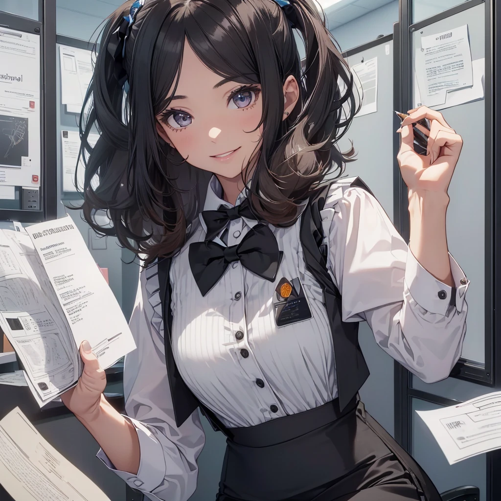 1 girl, Solo, 35 years old, Best Quality, Ultra-detailed, 8K, High resolution, Detailed face, from below, black hair, (((half up))), light smile, happy, (((office leady, office uniform, vest, bowtie, pencil skirt, ID card))), in the office, holding a bundle of papers,