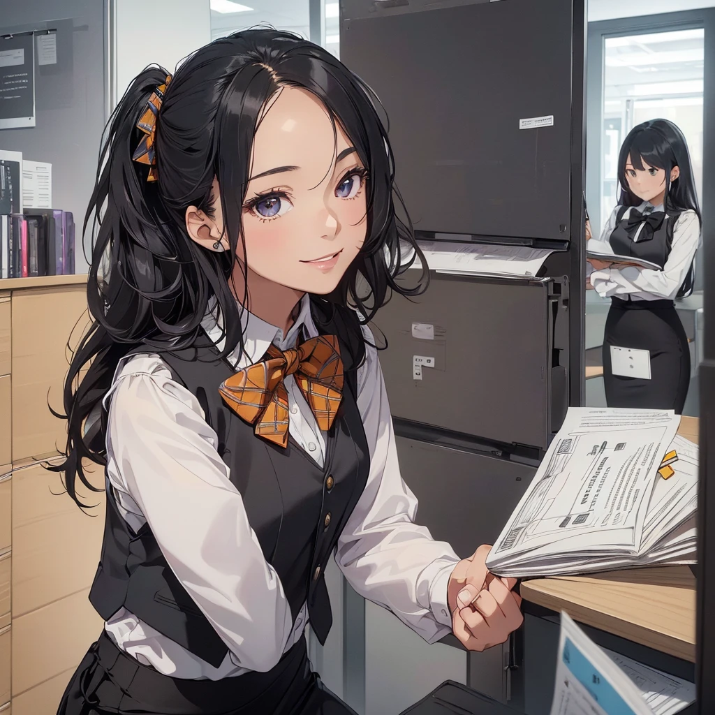 1 girl, Solo, 35 years old, Best Quality, Ultra-detailed, 8K, High resolution, Detailed face, from below, black hair, (((half up))), light smile, happy, (((office leady, office uniform, vest, bowtie, pencil skirt, ID card))), in the office, holding a bundle of papers,