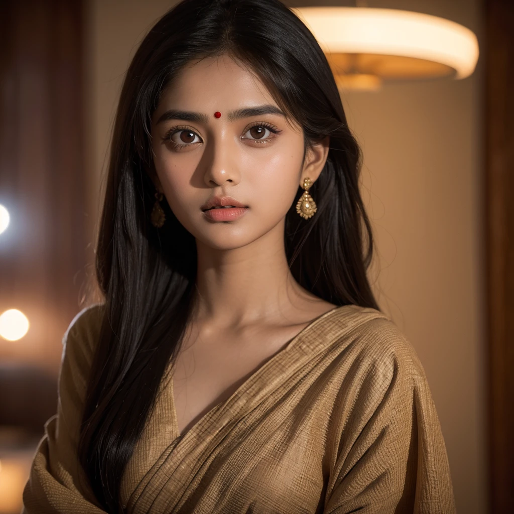 A beautiful Indian girl with big round eyes looking into the camera night portrait and even tone skin with good texture