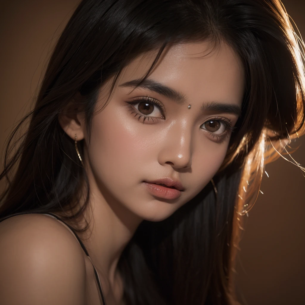 A beautiful Indian girl with big round eyes looking into the camera night portrait and even tone skin with good texture