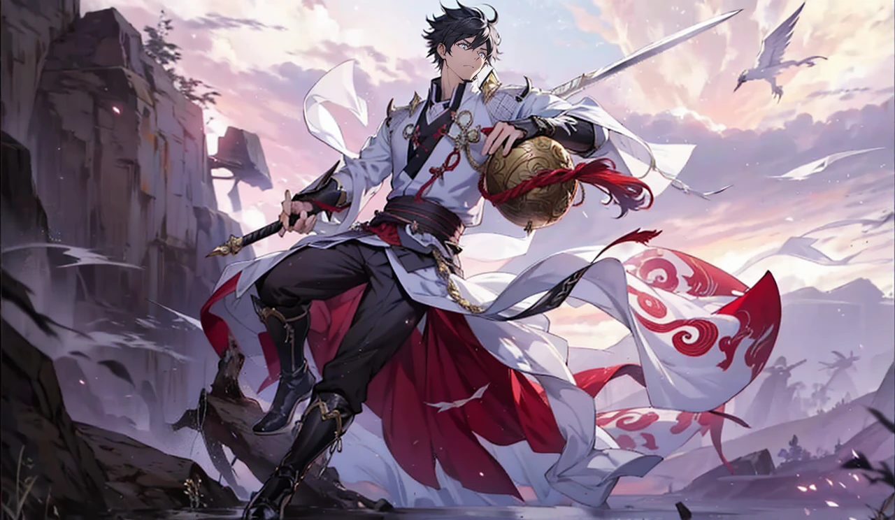 Anime com cores muito vivas, linhas sombras e cores bem definidas, um close up de uma pessoa segurando uma espada e um porongo, por Yang J, Heise Jinyao, keqing do impacto genshin, zhongli do impacto genshin, cai xukun, arte oficial, mobile wallpaper, handsome guy in demon slayer art, inspired por Yang Jin, Qi Yang, inspirado em Huang Shen, olchas logan cura liang xing