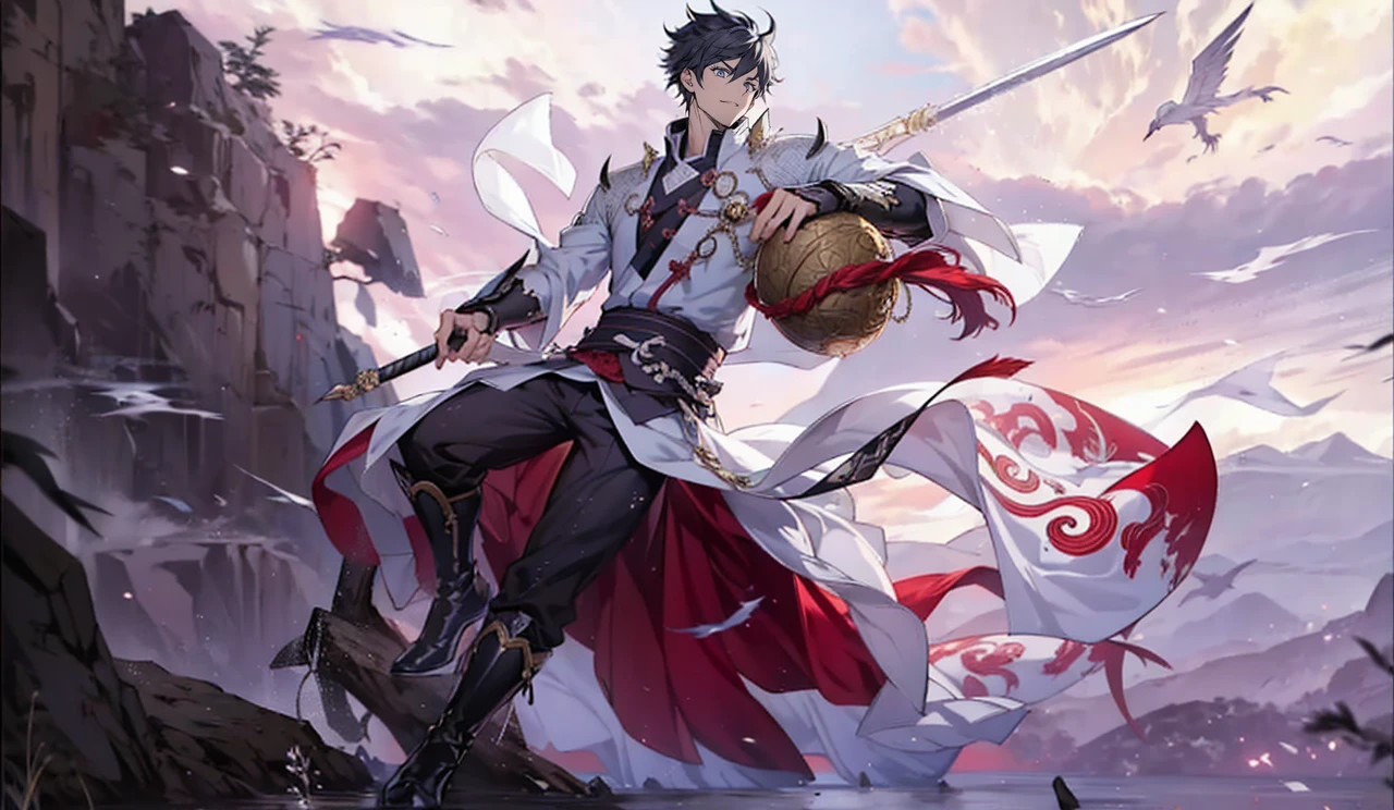 Anime com cores muito vivas, linhas sombras e cores bem definidas, um close up de uma pessoa segurando uma espada e um porongo, por Yang J, Heise Jinyao, keqing do impacto genshin, zhongli do impacto genshin, cai xukun, arte oficial, mobile wallpaper, handsome guy in demon slayer art, inspired por Yang Jin, Qi Yang, inspirado em Huang Shen, olchas logan cura liang xing