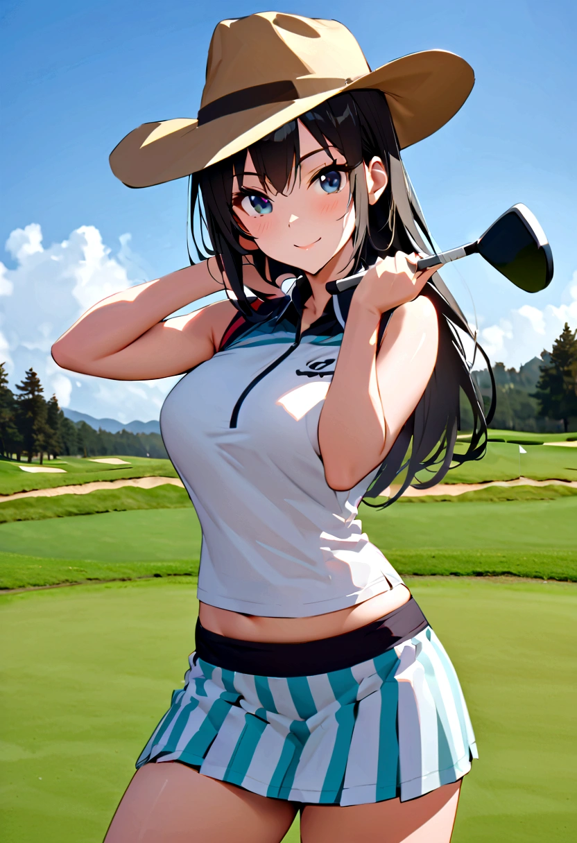 sound high resolution 8k beauty Woman playing golf Golf course Beautiful woman Timid Black Hair Golf Wear mini skirt smile looking at the camera nice shot No sleeve Cowboy hat Blonde
