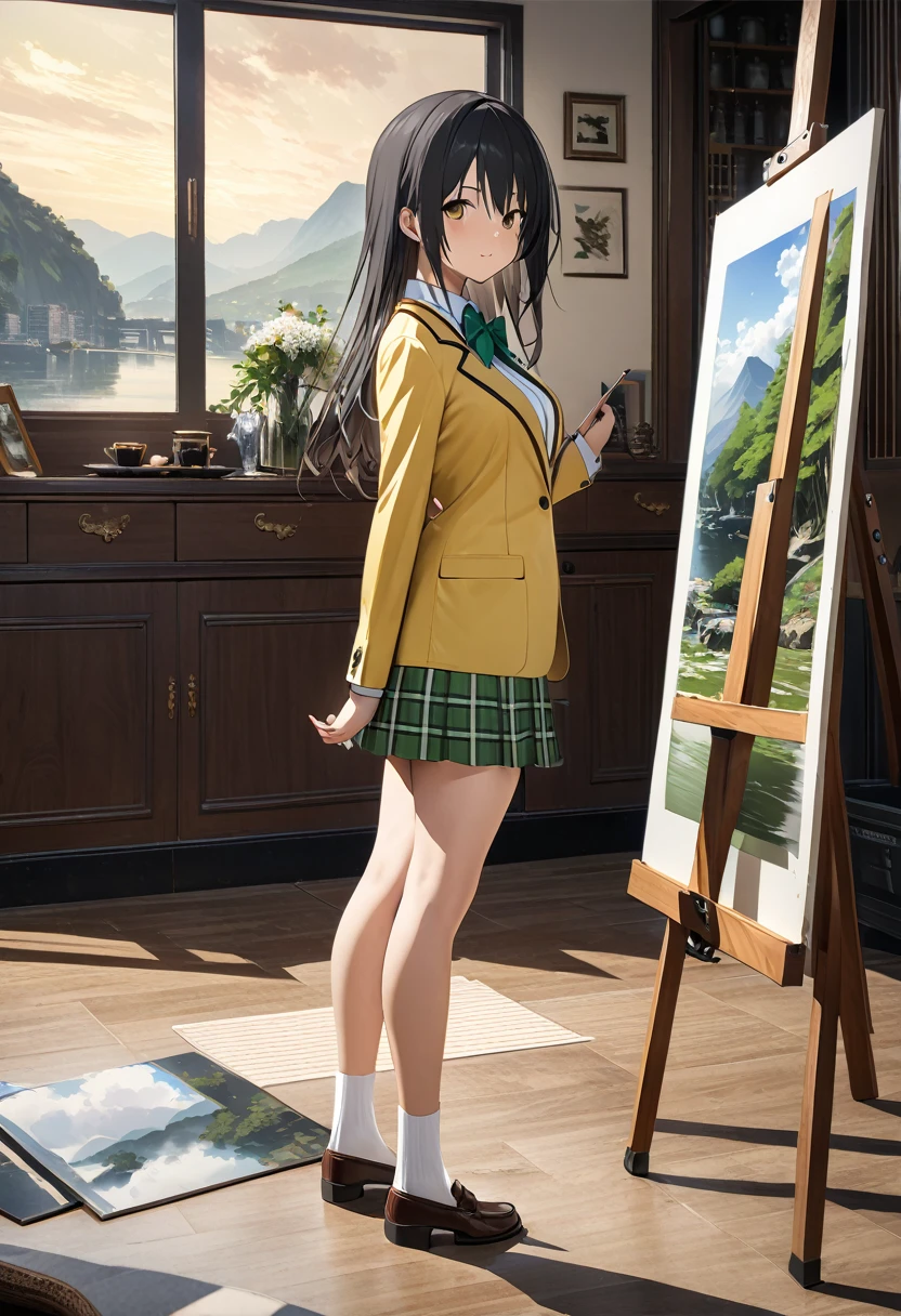 ((Highest quality、unity 8k wallpaper、32K、masterpiece、Very detailed、Ultra-high resolution、Ultra-high resolution、 Very detailedな顔, RAW Photos, Professional, Ultra-fine painting, Fine metal texture, Genuine)), Kotegawa Yui, yellow blazer, long sleeves, green bowtie, plaid miniskirt, green miniskirt, socks, loafers