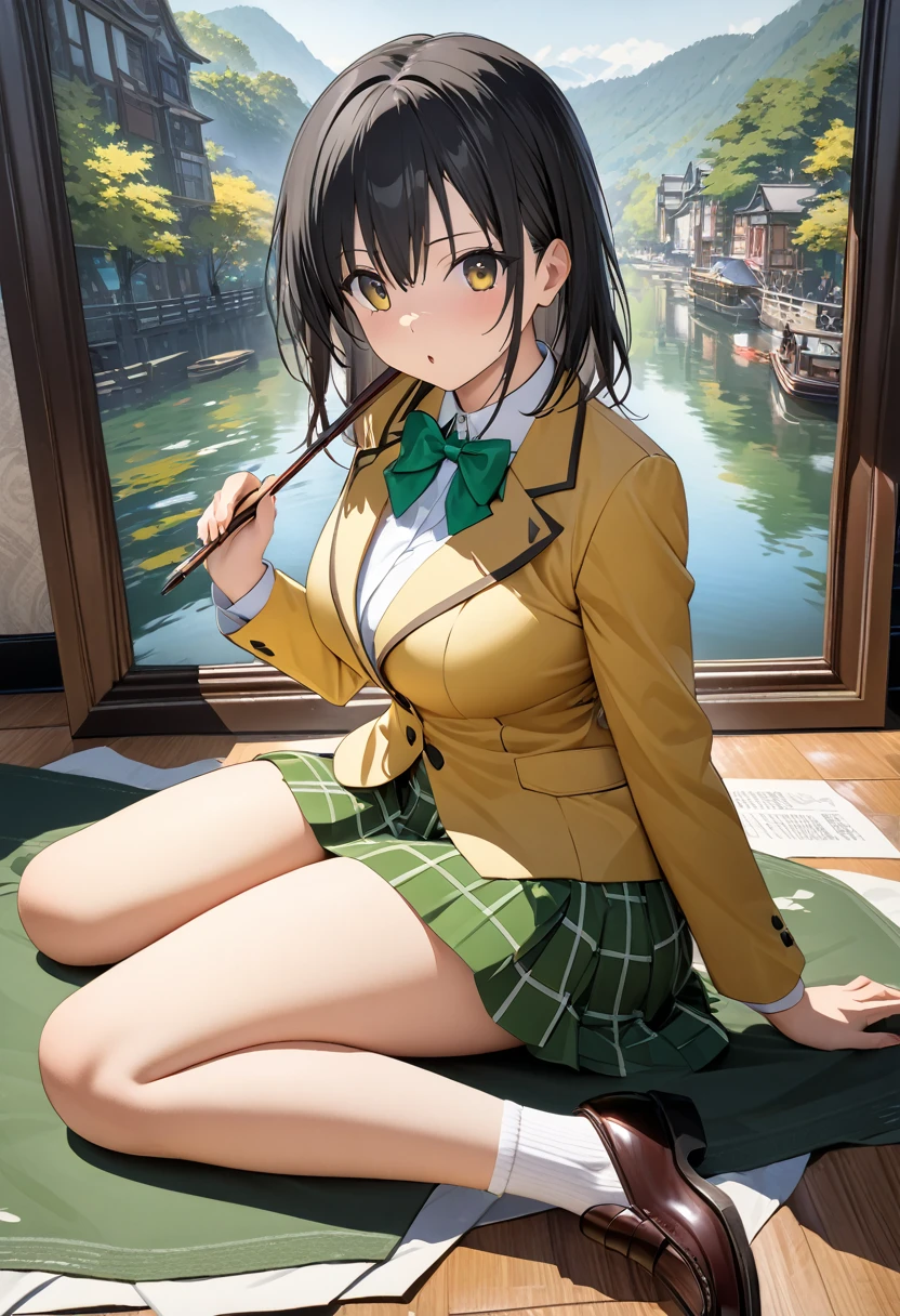 ((Highest quality、unity 8k wallpaper、32K、masterpiece、Very detailed、Ultra-high resolution、Ultra-high resolution、 Very detailedな顔, RAW Photos, Professional, Ultra-fine painting, Fine metal texture, Genuine)), Kotegawa Yui, yellow blazer, long sleeves, green bowtie, plaid miniskirt, green miniskirt, socks, loafers