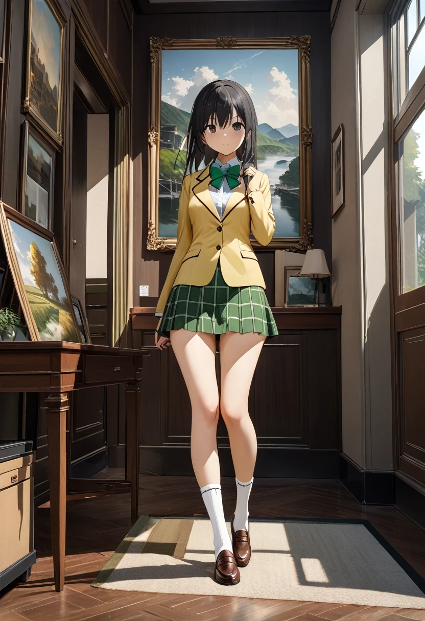 ((Highest quality、unity 8k wallpaper、32K、masterpiece、Very detailed、Ultra-high resolution、Ultra-high resolution、 Very detailedな顔, RAW Photos, Professional, Ultra-fine painting, Fine metal texture, Genuine)), Kotegawa Yui, yellow blazer, long sleeves, green bowtie, plaid miniskirt, green miniskirt, socks, loafers