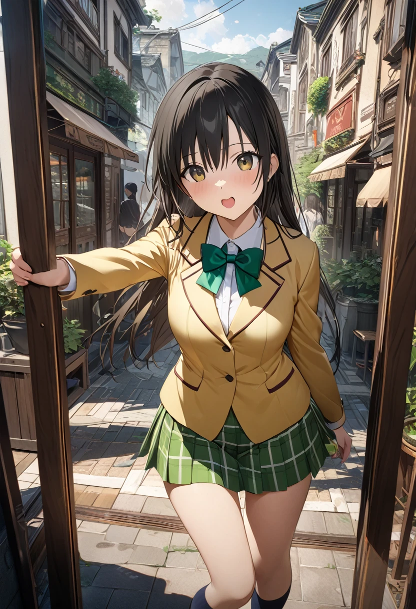 ((Highest quality、unity 8k wallpaper、32K、masterpiece、Very detailed、Ultra-high resolution、Ultra-high resolution、 Very detailedな顔, RAW Photos, Professional, Ultra-fine painting, Fine metal texture, Genuine)), Kotegawa Yui, yellow blazer, long sleeves, green bowtie, plaid miniskirt, green miniskirt, socks, loafers