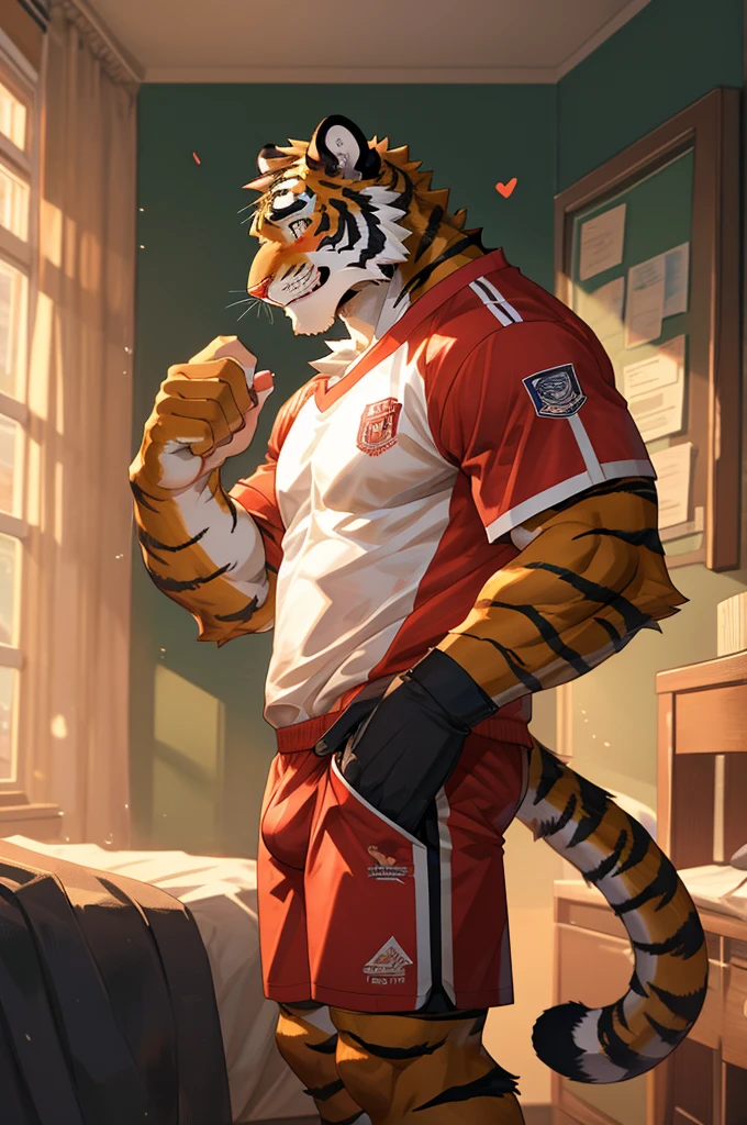 Tiger,High  Students,good-looking,Strong,strong,Tiger背熊腰,Regular height,Sportswear(Short black sleeves,Red shorts),Blushing cheeks,bedroom,The crotch is pronouncedly raised,Crotch bulge,Sexy,alone,Green,Close Range,Half face,shy,happy,Grin.