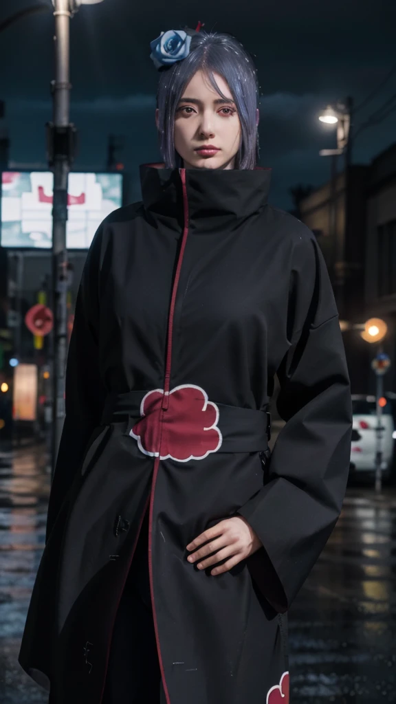 1girl,solo,konan \(naruto\),(upper body:1.2),akatsuki outfit,narrow waist,looking at viewer,masterpiece,best quality,absurdres,highly detailed,photo realistic,best shadow,dramatic lighting,depth of field,outdoors,rain,city,night, standing, hands on hip