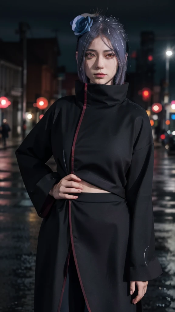 1girl,solo,konan \(naruto\),(upper body:1.2),akatsuki outfit,narrow waist,looking at viewer,masterpiece,best quality,absurdres,highly detailed,photo realistic,best shadow,dramatic lighting,depth of field,outdoors,rain,city,night, standing, hands on hip